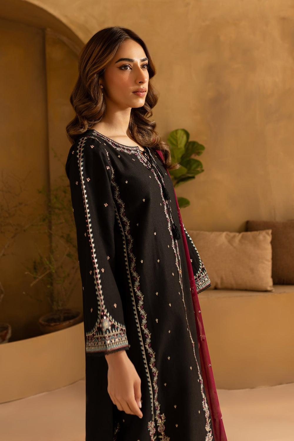 Black Cotton Silk Embroidered Suit with Chiffon Dupatta | Ready to Wear