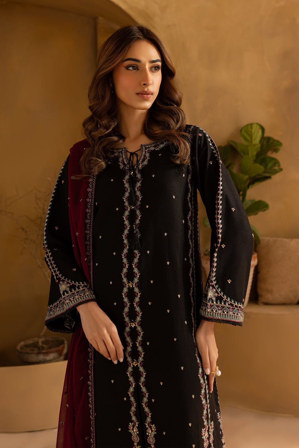 Black Cotton Silk Embroidered Suit with Chiffon Dupatta | Ready to Wear