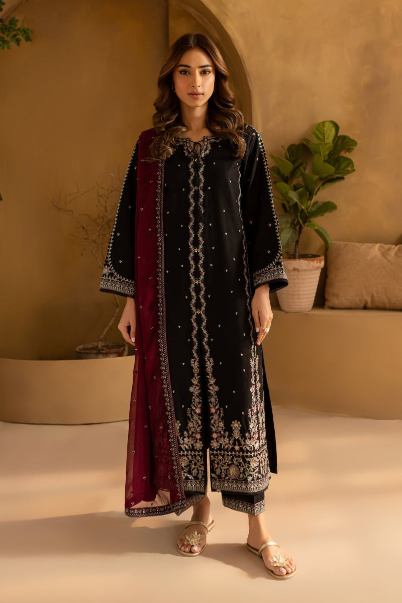 Black Cotton Silk Embroidered Suit with Chiffon Dupatta | Ready to Wear