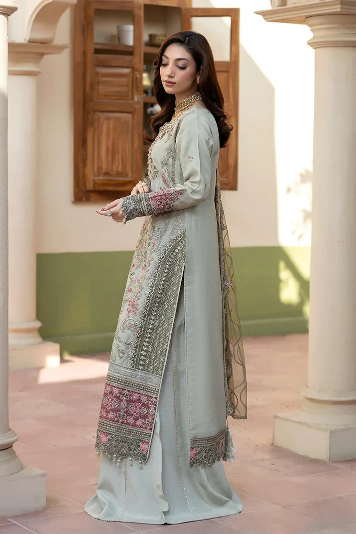 Soft Pastel Green-Grey Organza Ready to Wear Embroidered Festive Suit