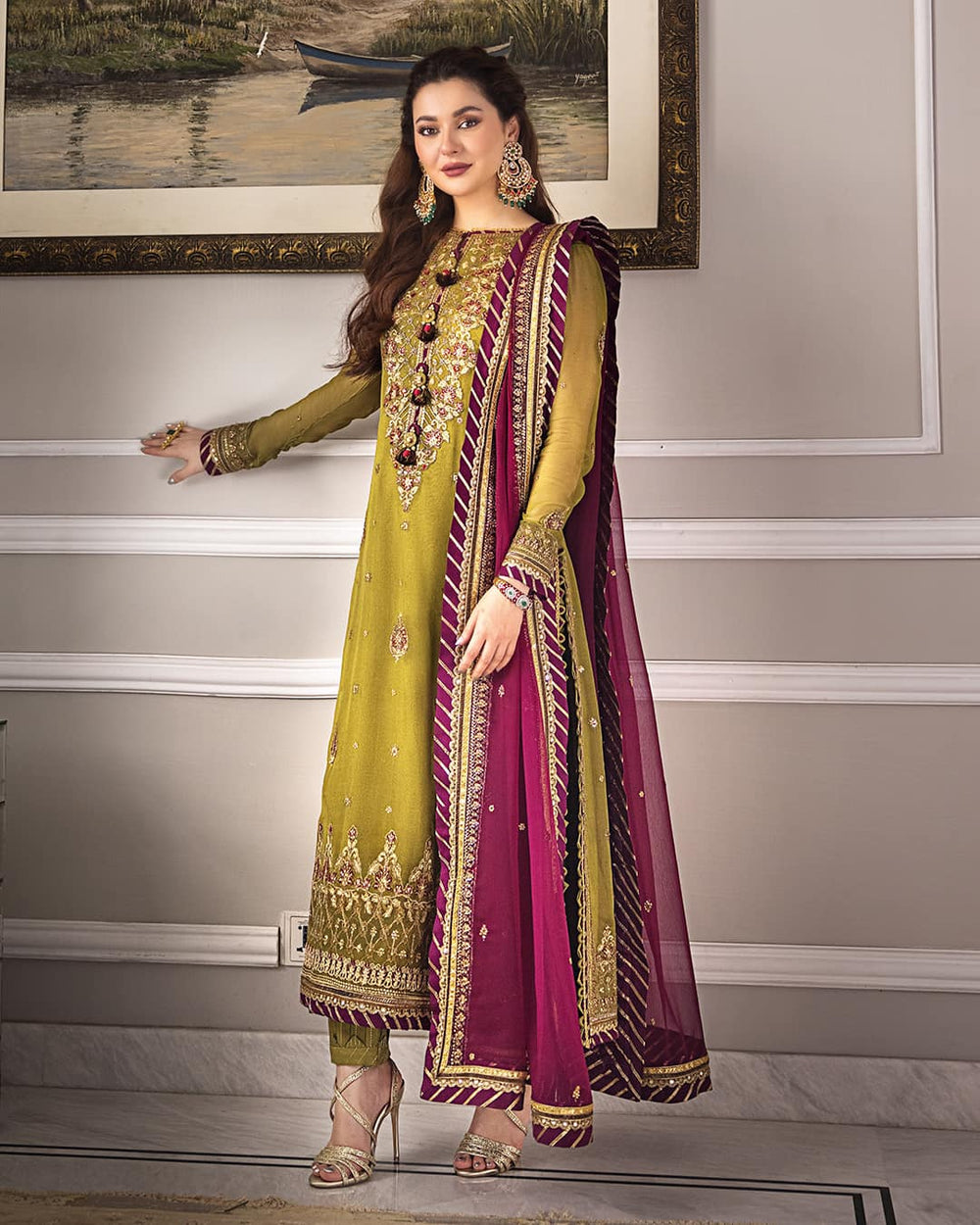 Olive Green and Maroon Chiffon Suit | Ready to Wear