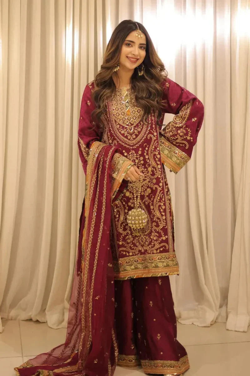 03-Piece Embroidered Silk Suit With Net Dupatta | Ready To Wear