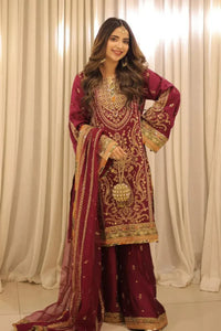 03-Piece Embroidered Silk Suit With Net Dupatta | Ready To Wear
