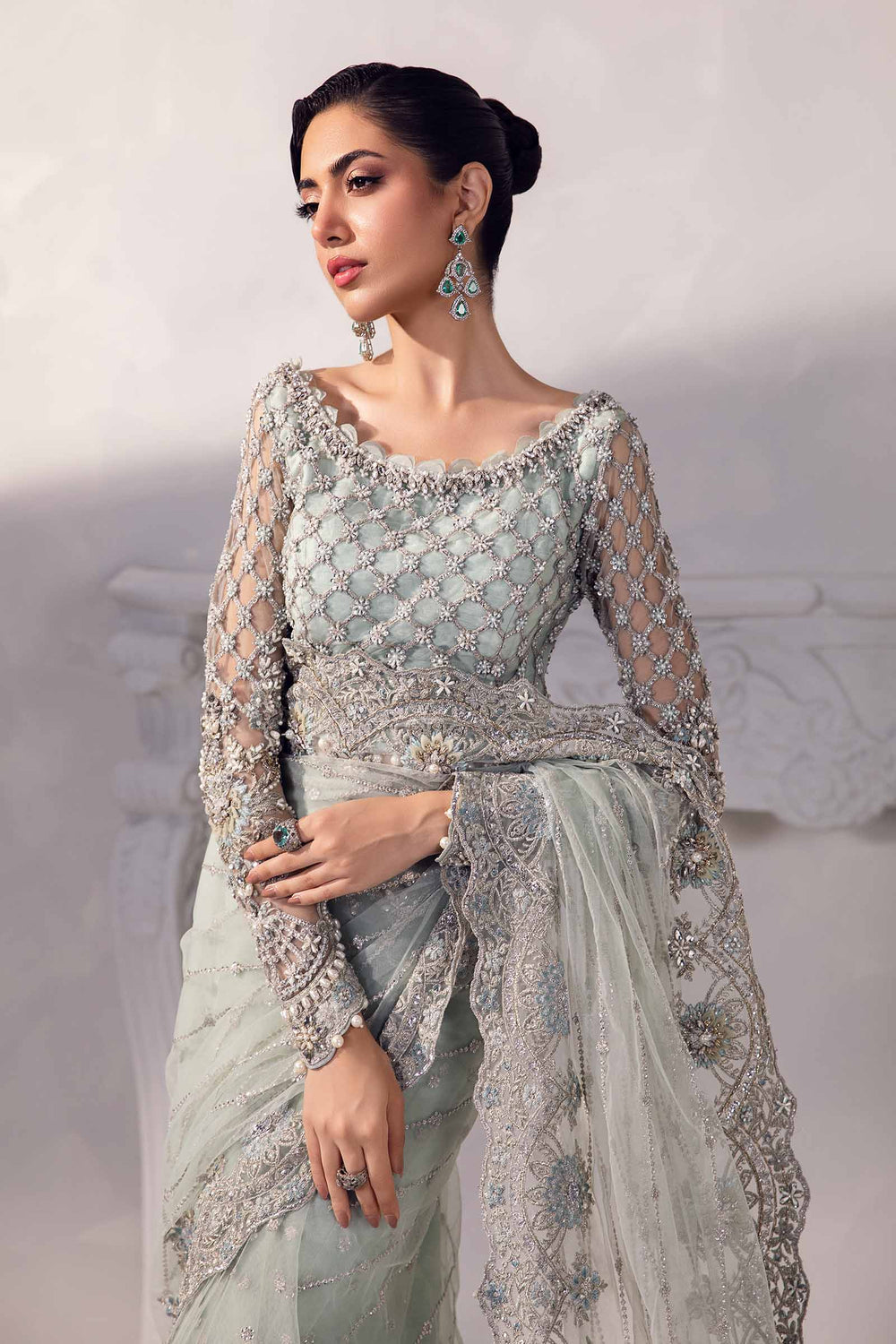 Grey - Embroidered Net Saree | Ready To Wear