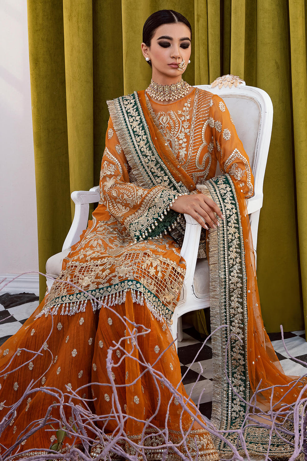 Mustard Embroidered Chiffon and Net Gararah Set | Ready to Wear