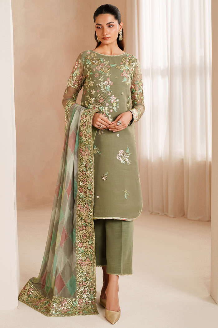 Olive Green Embroidered Chiffon Suit | Ready to Wear