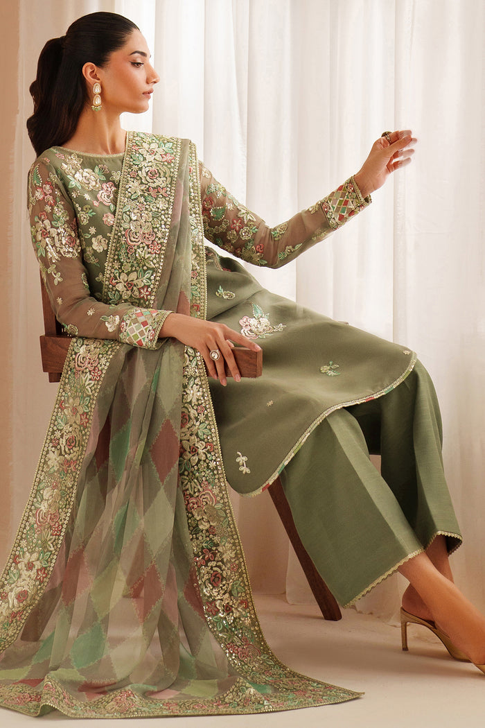Olive Green Embroidered Chiffon Suit | Ready to Wear