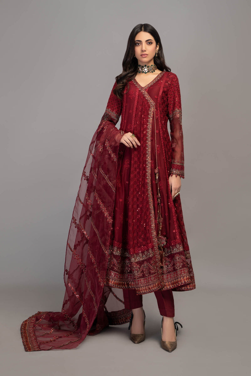 Rich Maroon Embroidered Chiffon Pishwas Suit |Ready to Wear