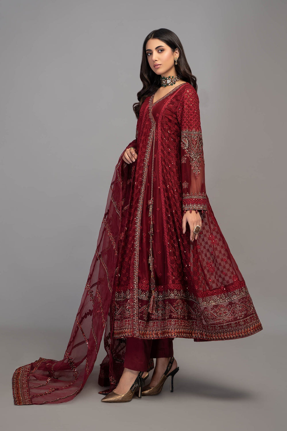 Rich Maroon Embroidered Chiffon Pishwas Suit |Ready to Wear