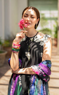 Black Floral Printed Lawn Suit with Embroidered Chiffon Dupatta |Ready to Wear