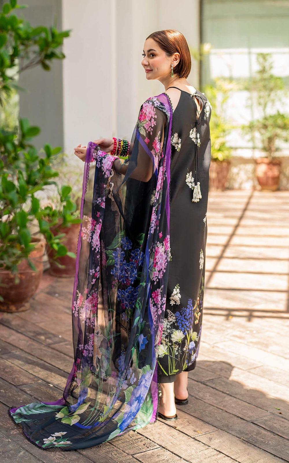 Black Floral Printed Lawn Suit with Embroidered Chiffon Dupatta |Ready to Wear