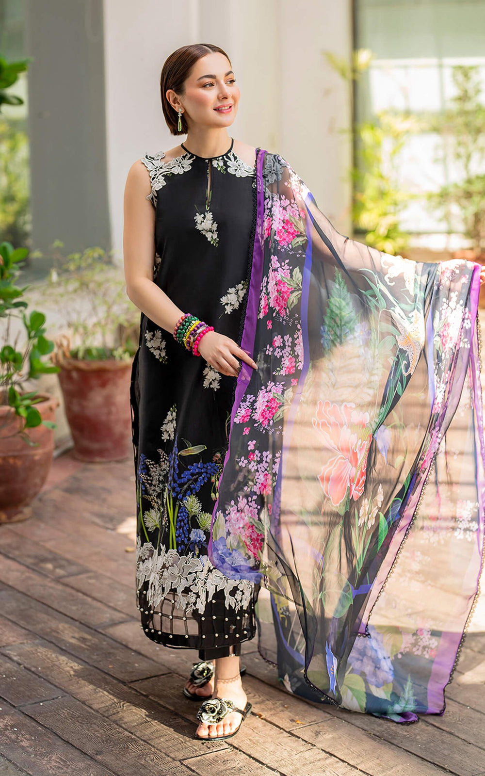 Black Floral Printed Lawn Suit with Embroidered Chiffon Dupatta |Ready to Wear