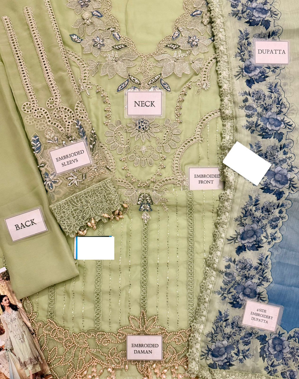 Mint Green Embroidered Chiffon Suit with Digital Printed Dupatta |RTW
