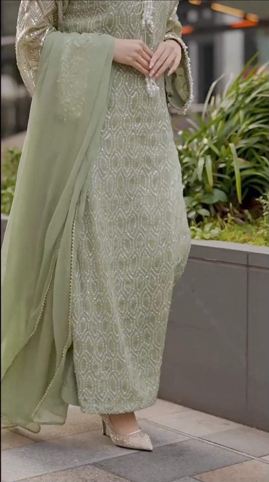 Mint Green Heavy Embroidered Chiffon Luxury Suit | RTW