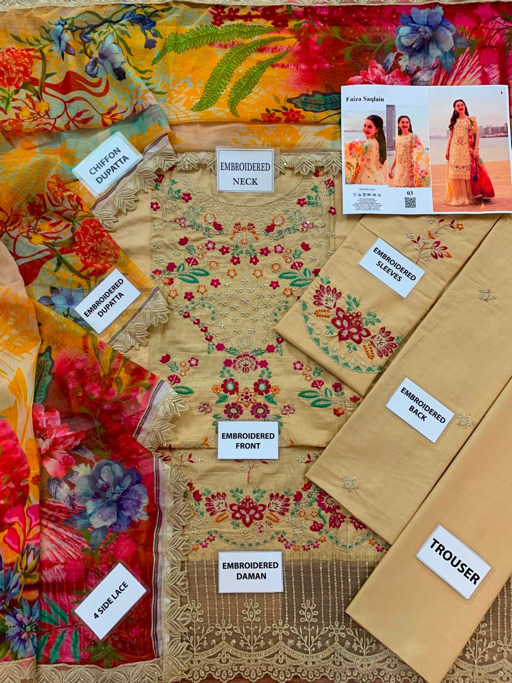 Luxury Embroidered Cotton Suit with Digital Printed Chiffon Dupatta |RTW