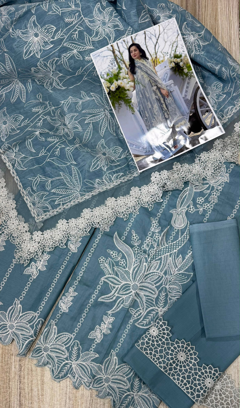 Icy Blue Embroidered Egyptian Lawn Suit with Monal Lawn Dupatta |RTW