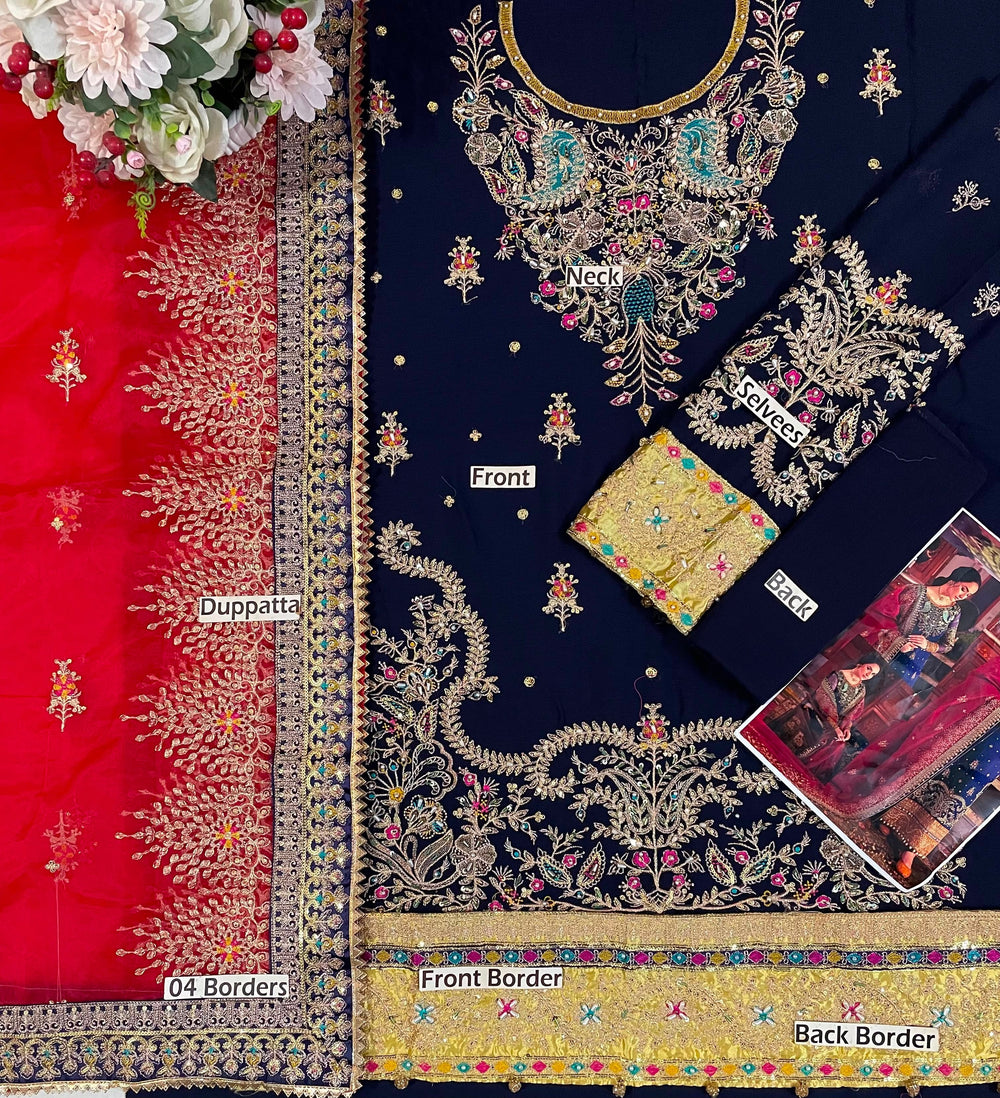 Royal Blue Heavy Embroidered Chiffon Suit with Adda Work |Ready to Wear