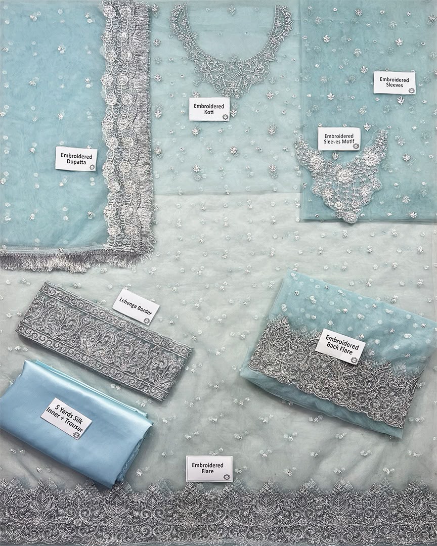 Luxurious Ice Blue Net Lehenga Choli Style Suit with Koti  |RTW