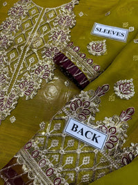 Olive Green and Maroon Chiffon Suit | Ready to Wear