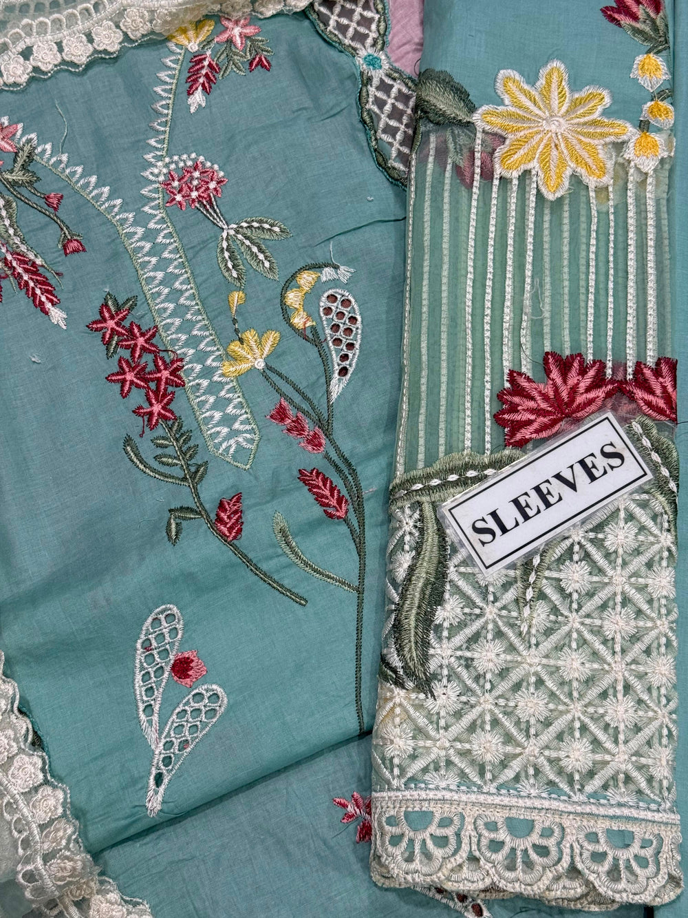 Mint Green and Pink Embroidered Lawn Cotton Suit with Organza Dupatta | RTW