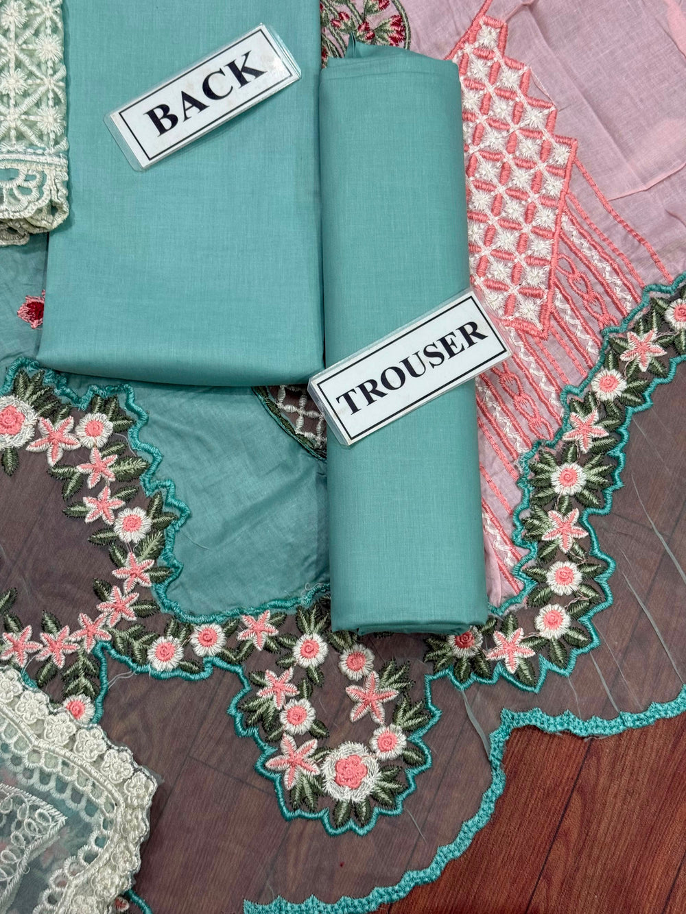 Mint Green and Pink Embroidered Lawn Cotton Suit with Organza Dupatta | RTW
