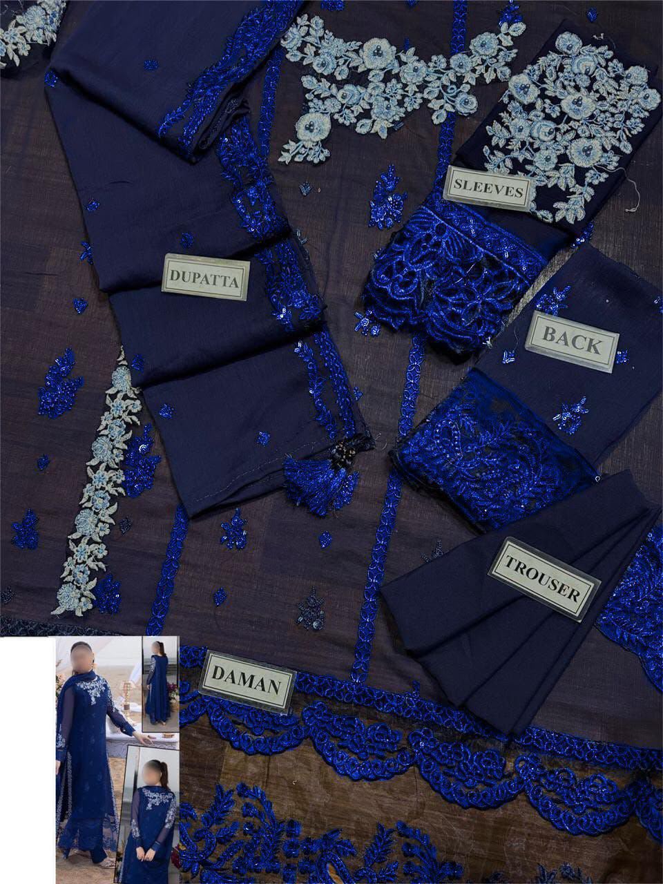 Royal Blue Embroidered Chiffon Suit | Ready to Wear