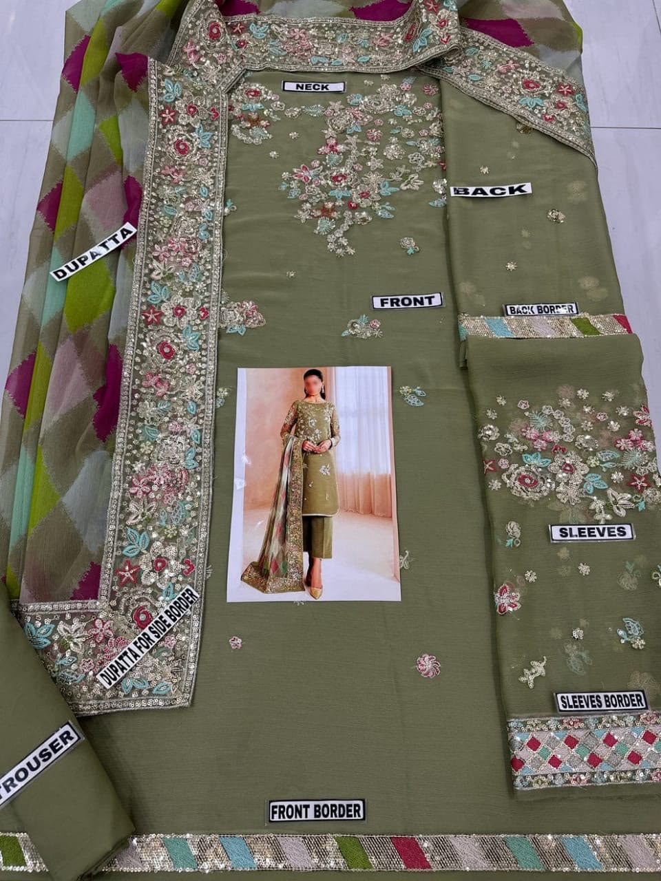 Olive Green Embroidered Chiffon Suit | Ready to Wear