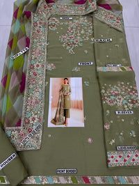Olive Green Embroidered Chiffon Suit | Ready to Wear