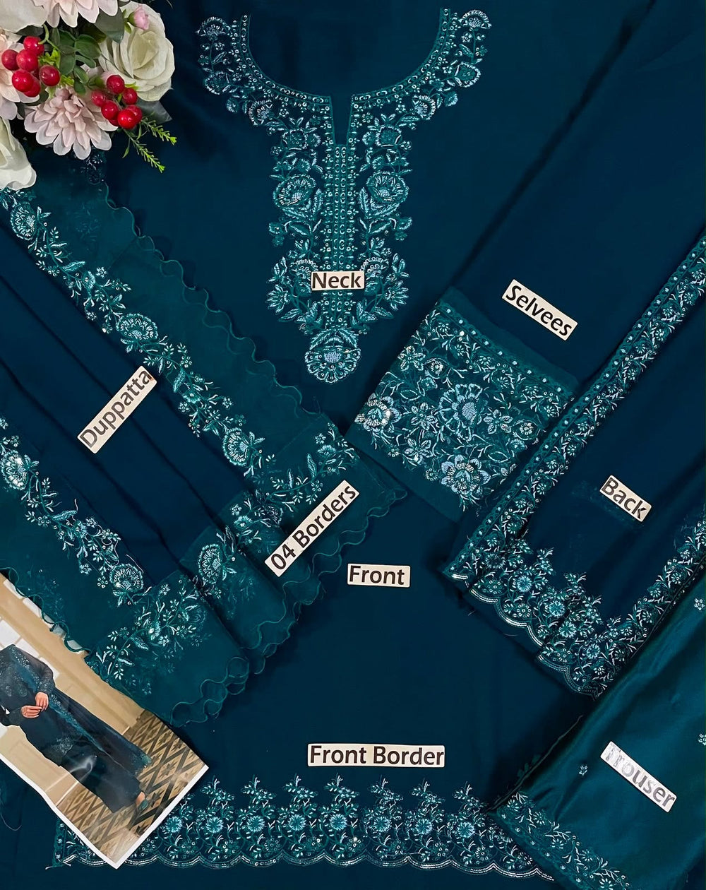 Navy Blue Embroidered Chiffon Short Shirt Suit | Ready to Wear