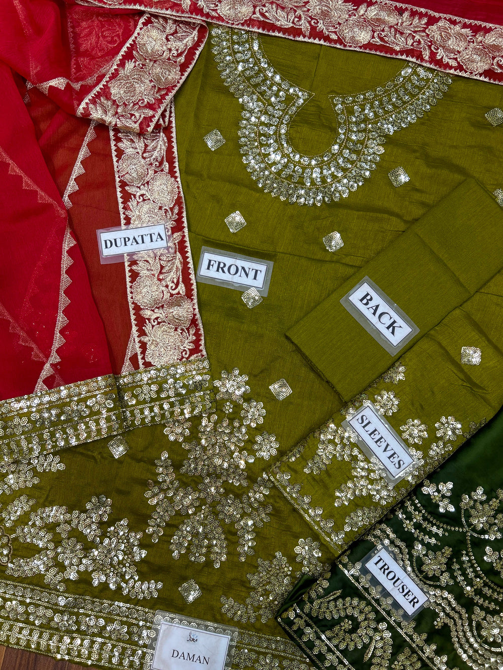 Olive Green Pure Indian Chiffon Farshi Shalwar Suit | Ready to Wear