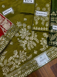 Olive Green Pure Indian Chiffon Farshi Shalwar Suit | Ready to Wear