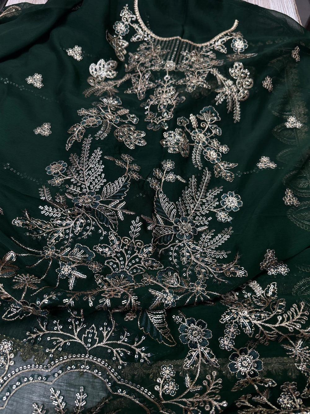 Dark Green Sequence Embroidered Semi Pure Chiffon Suit | Ready to Wear