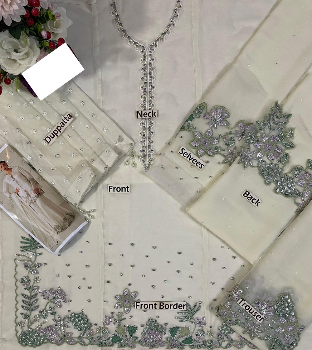 Ivory Bamber Chiffon Ready to Wear Embroidered Festive Suit