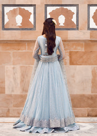 Luxurious Ice Blue Net Lehenga Choli Style Suit with Koti  |RTW