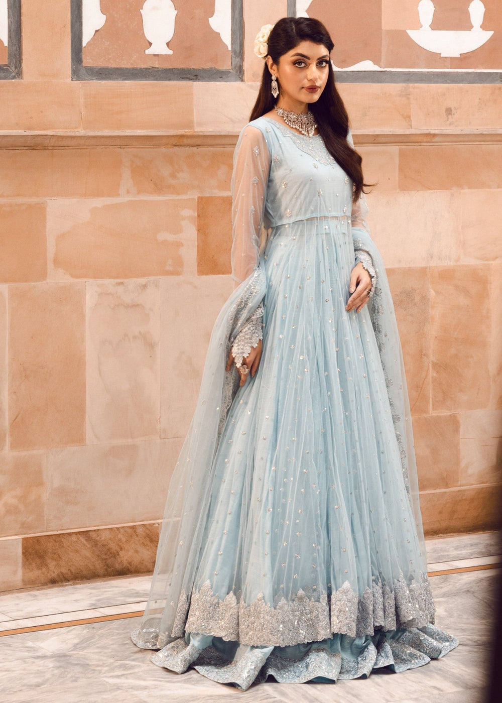 Luxurious Ice Blue Net Lehenga Choli Style Suit with Koti  |RTW