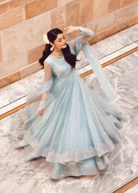 Luxurious Ice Blue Net Lehenga Choli Style Suit with Koti  |RTW