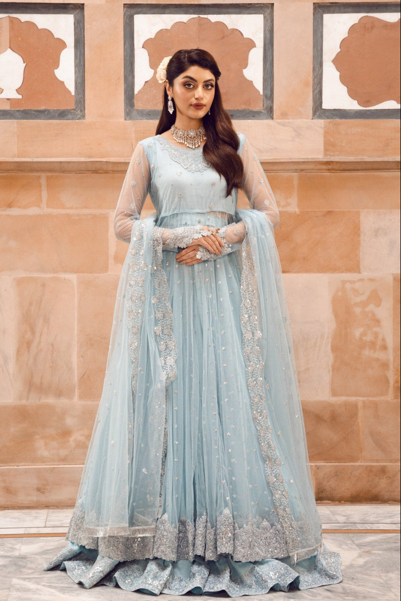 Luxurious Ice Blue Net Lehenga Choli Style Suit with Koti  |RTW