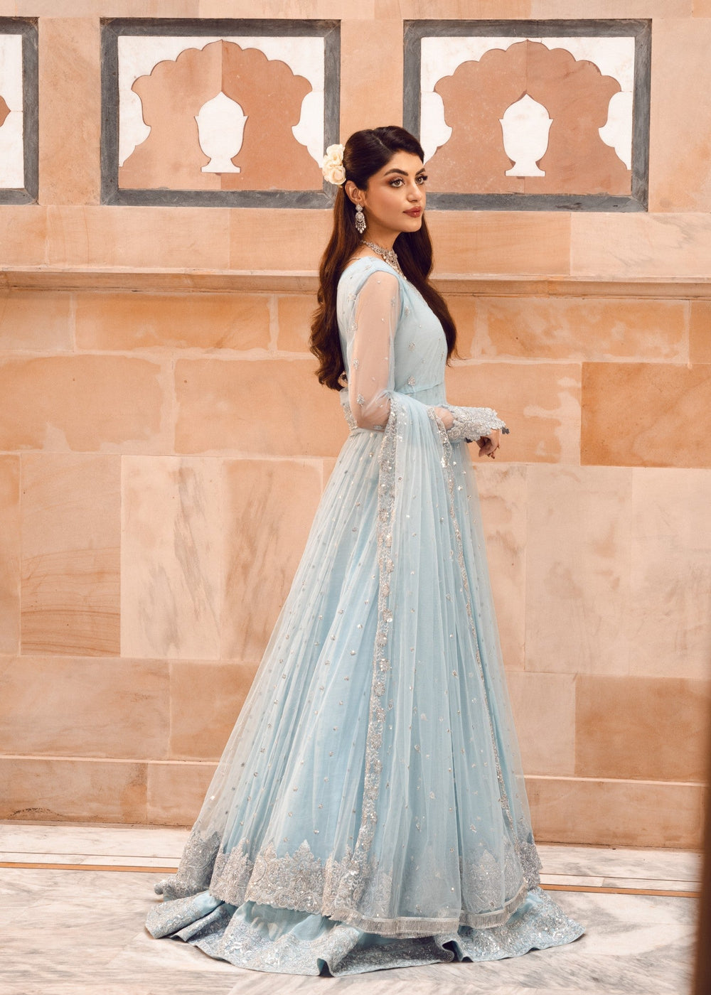 Luxurious Ice Blue Net Lehenga Choli Style Suit with Koti  |RTW