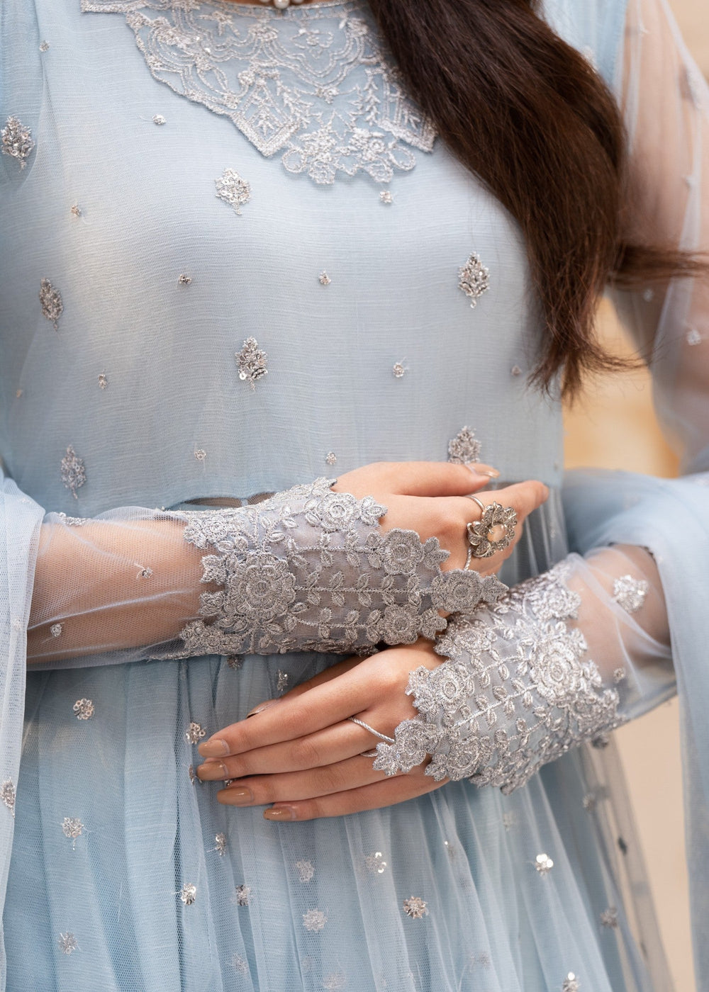 Luxurious Ice Blue Net Lehenga Choli Style Suit with Koti  |RTW