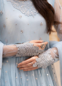 Luxurious Ice Blue Net Lehenga Choli Style Suit with Koti  |RTW