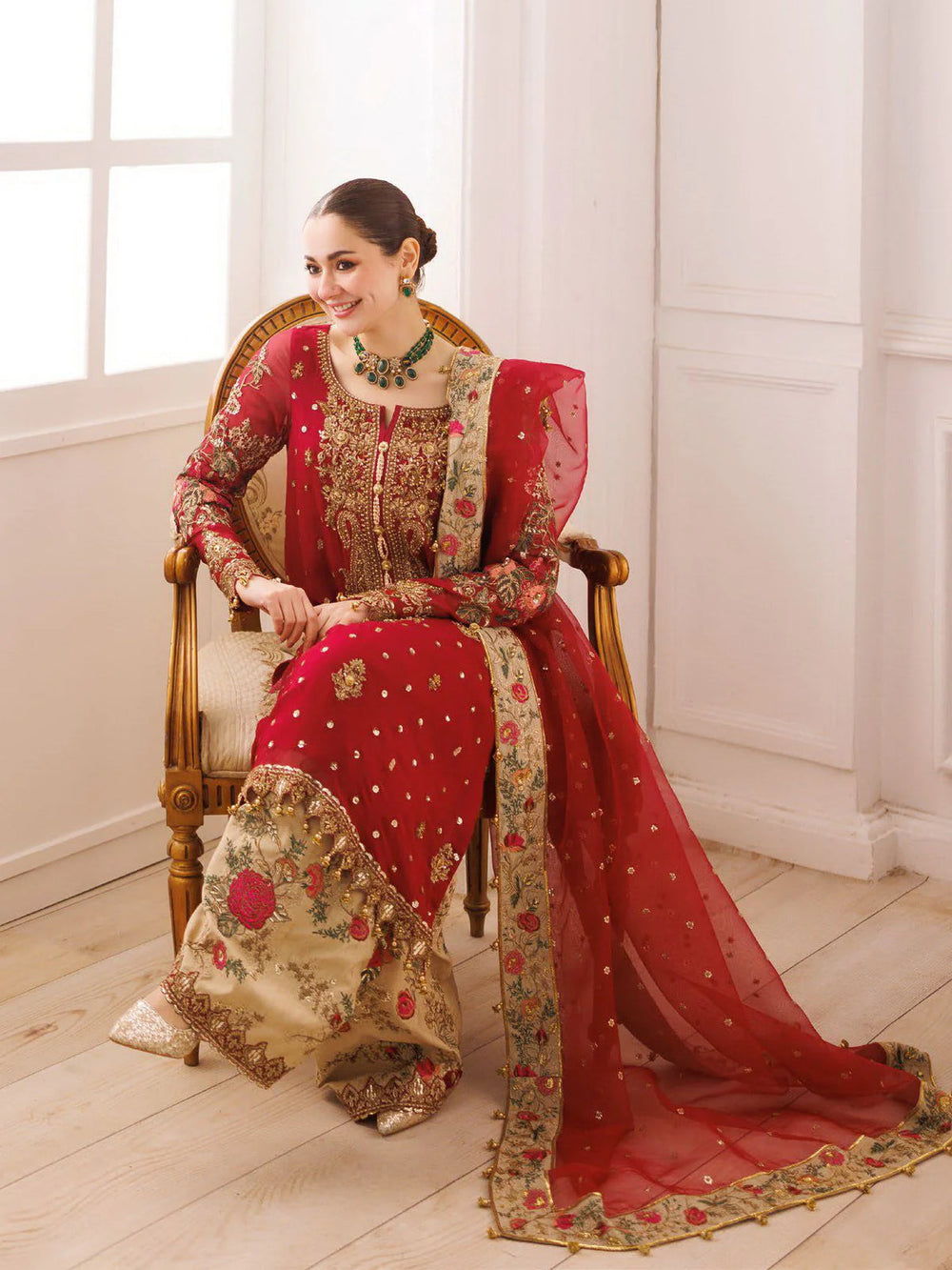 Red and Gold Embroidered Semi Pure Chiffon Suit | Ready to Wear