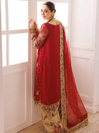 Red and Gold Embroidered Semi Pure Chiffon Suit | Ready to Wear