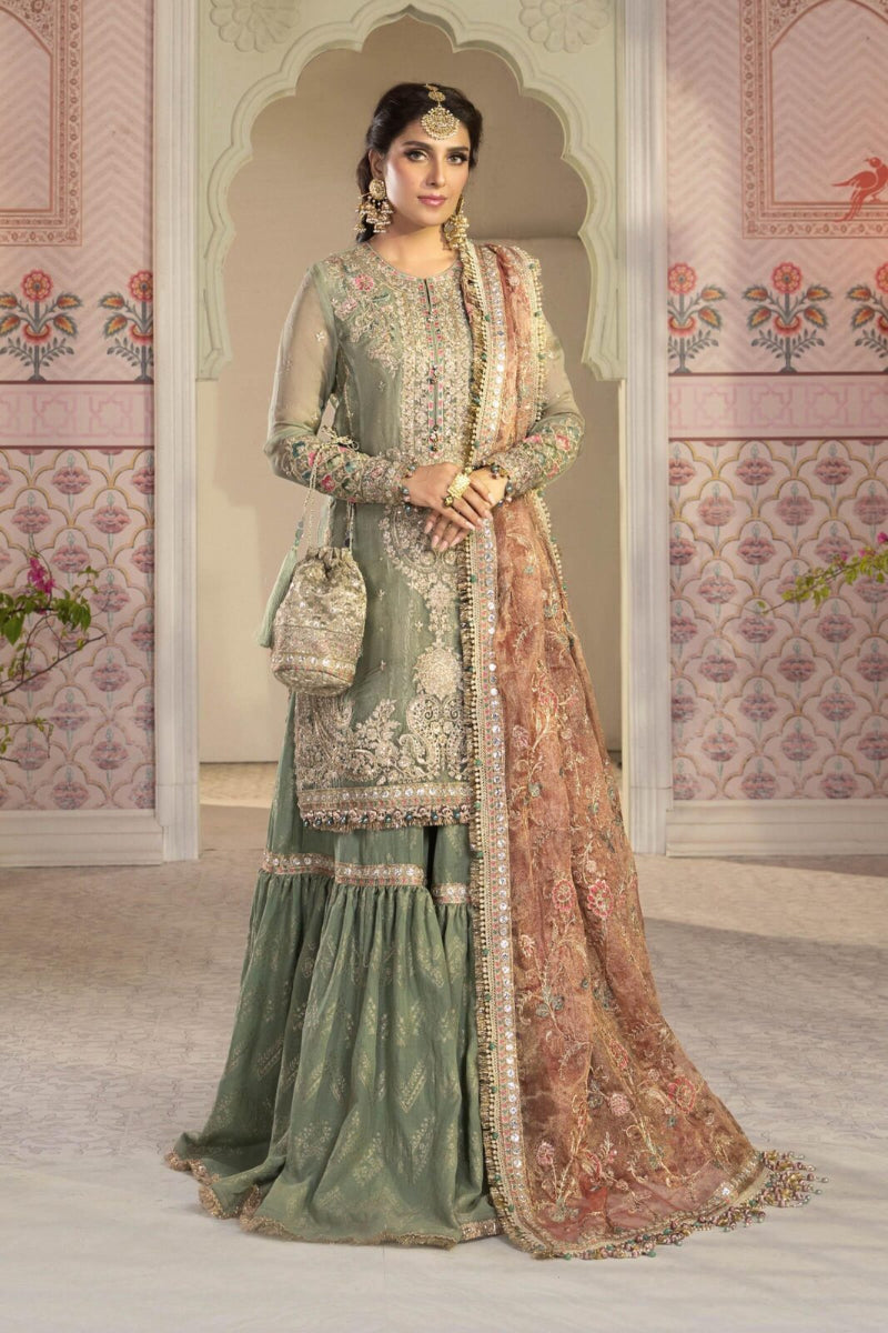 Sage Green Mysoori Embroidered Sharara Suit | Ready to Wear