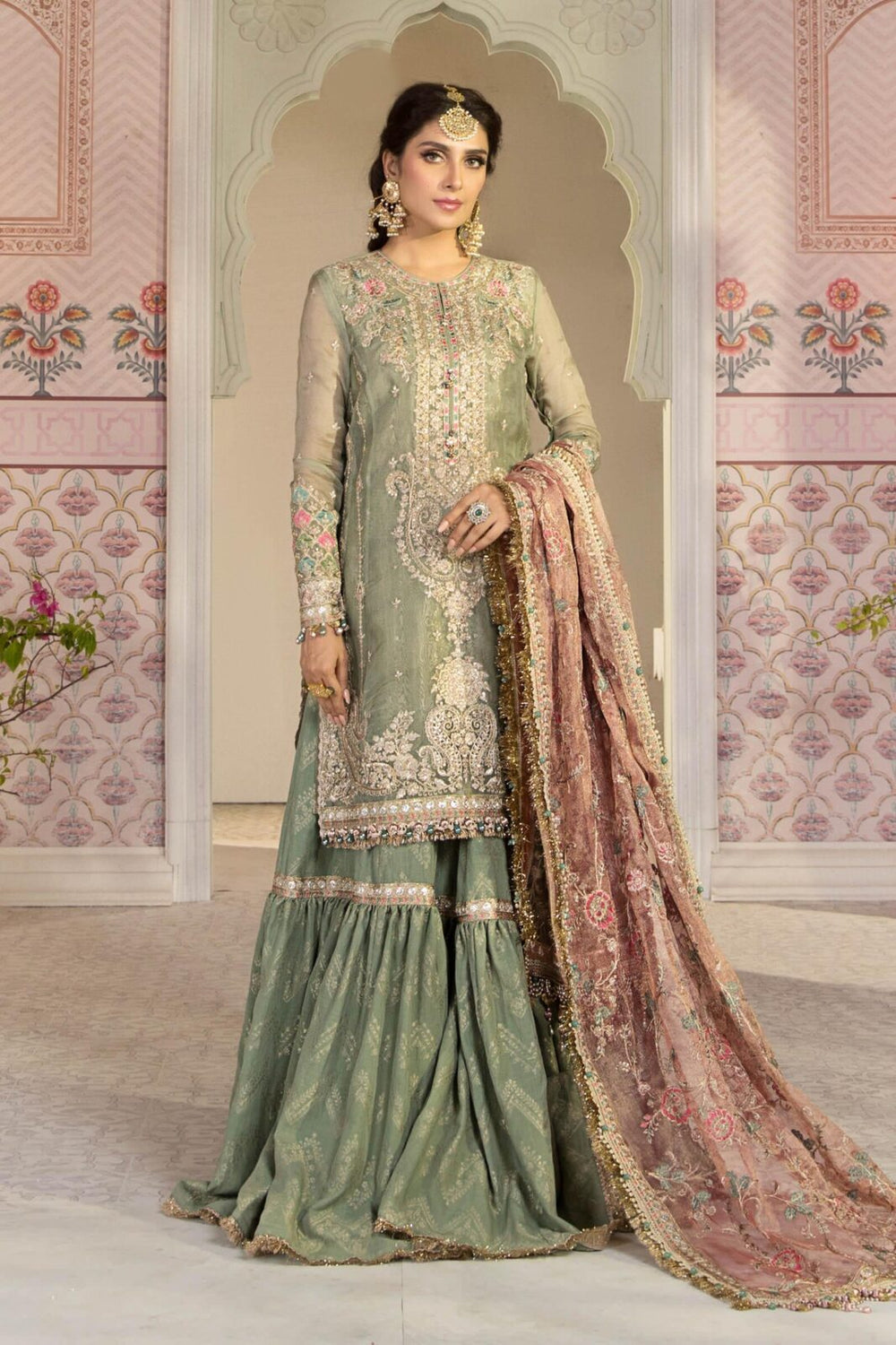 Sage Green Mysoori Embroidered Sharara Suit | Ready to Wear