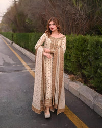 Luxury White and Gold Bridal-Style Embroidered Chiffon Suit |RTW