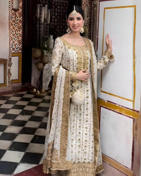Luxury White and Gold Bridal-Style Embroidered Chiffon Suit |RTW