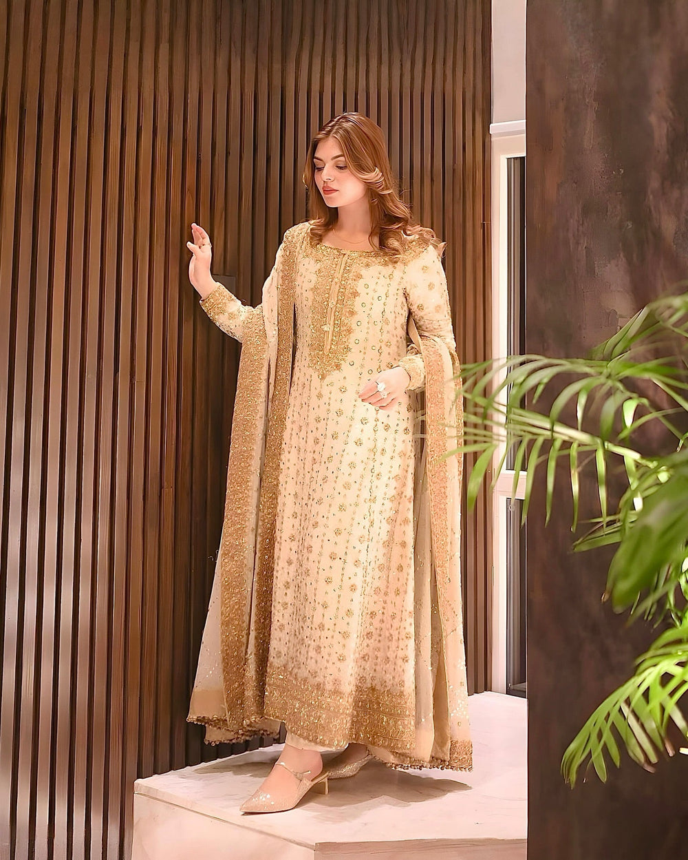 Luxury White and Gold Bridal-Style Embroidered Chiffon Suit |RTW