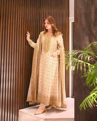 Luxury White and Gold Bridal-Style Embroidered Chiffon Suit |RTW