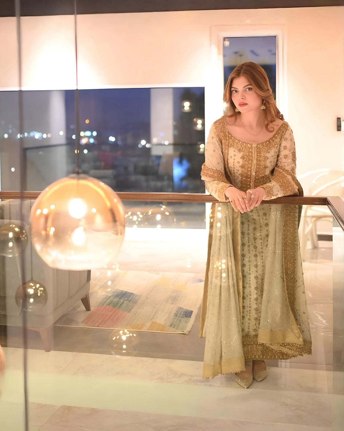 Luxury White and Gold Bridal-Style Embroidered Chiffon Suit |RTW