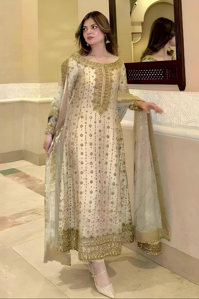 Luxury White and Gold Bridal-Style Embroidered Chiffon Suit |RTW